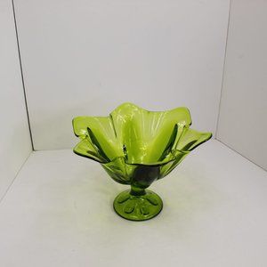 Mid Century Green Glass Pedestal Compote Bowl
